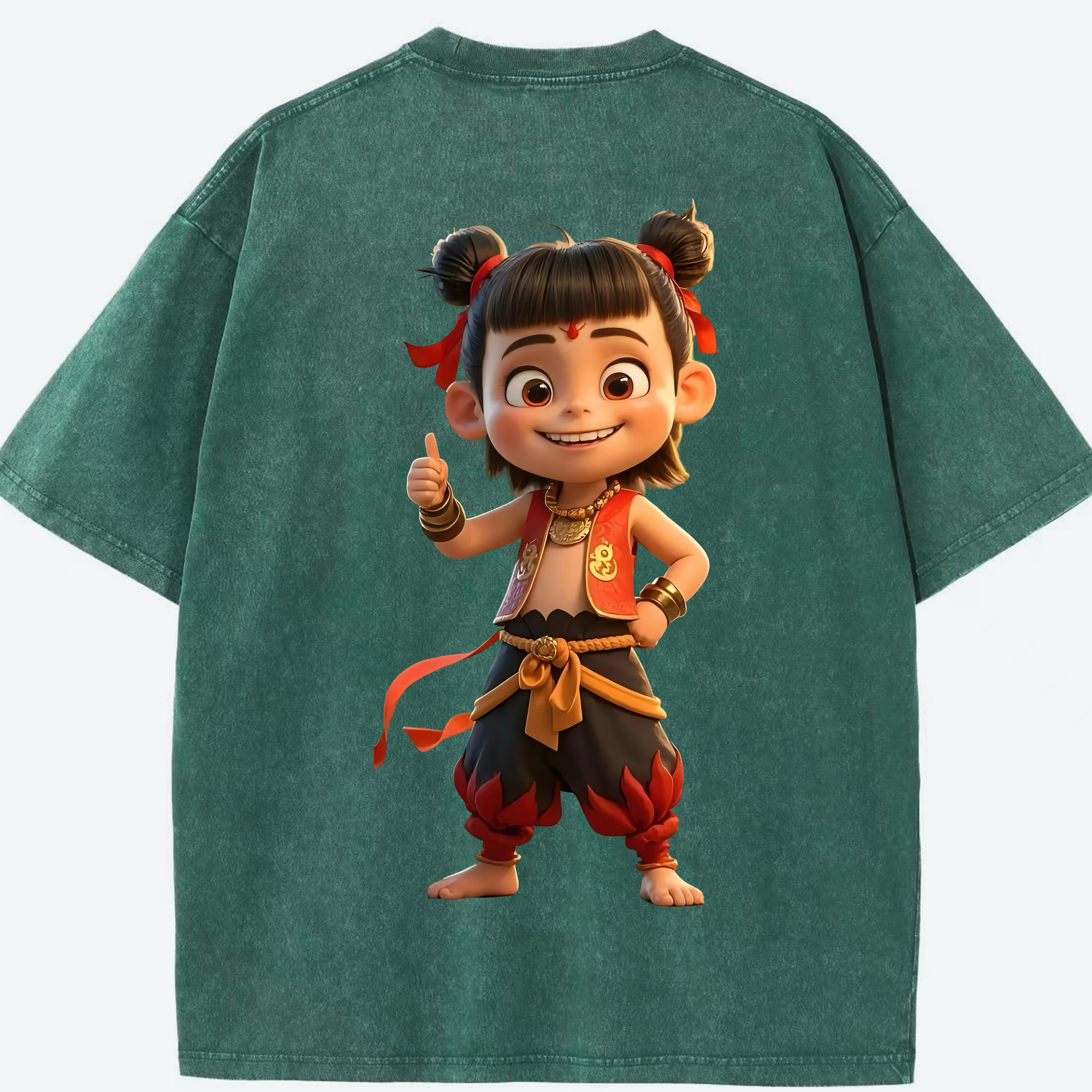 （画像用） Ne Zha 2 ナタ 魔童の大暴れ 綿100% ヴィンテージ風 半袖Tシャツ（背面プリント）